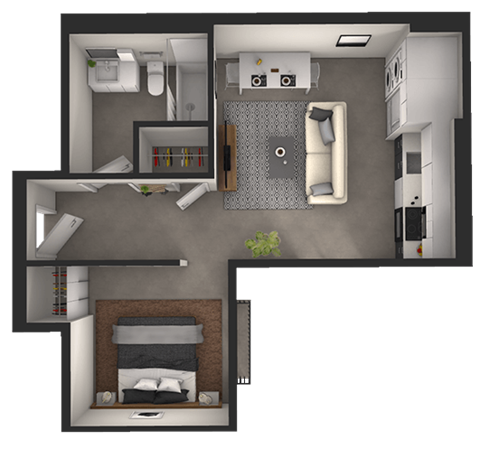 a rendering of a bedroom floor plan with a bed and a bathroom